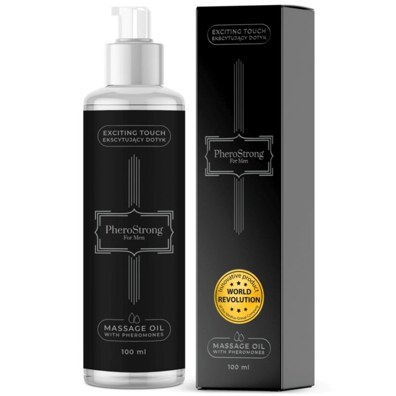 PHEROSTRONG massage oil for men in a 100ml bottle, showcasing its sleek design and label details.