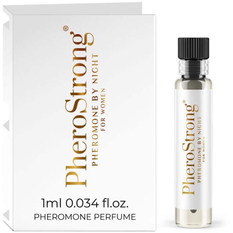 Perfume con feromonas by night para mujer de la marca PHEROSTRONG, frasco de 1 ml con aroma seductor y elegante.