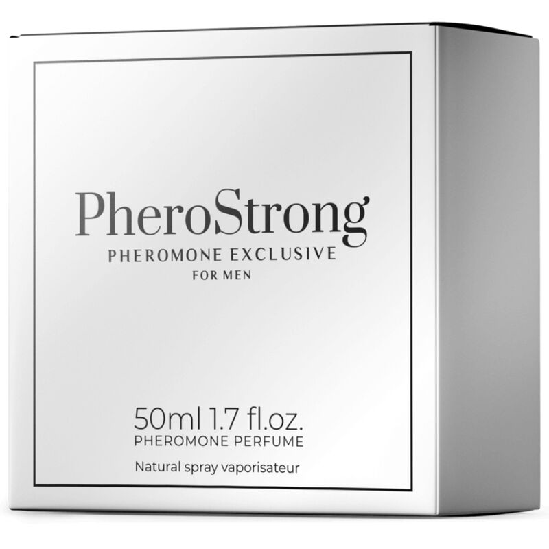 Perfume PHEROSTRONG con feromonas para hombre, frasco de 50 ml, botella elegante y moderna.