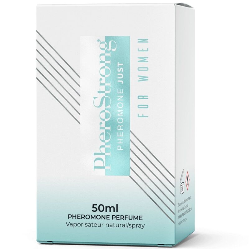 Perfume PHEROSTRONG con feromonas para mujer, frasco de 50 ml, botella elegante y moderna.