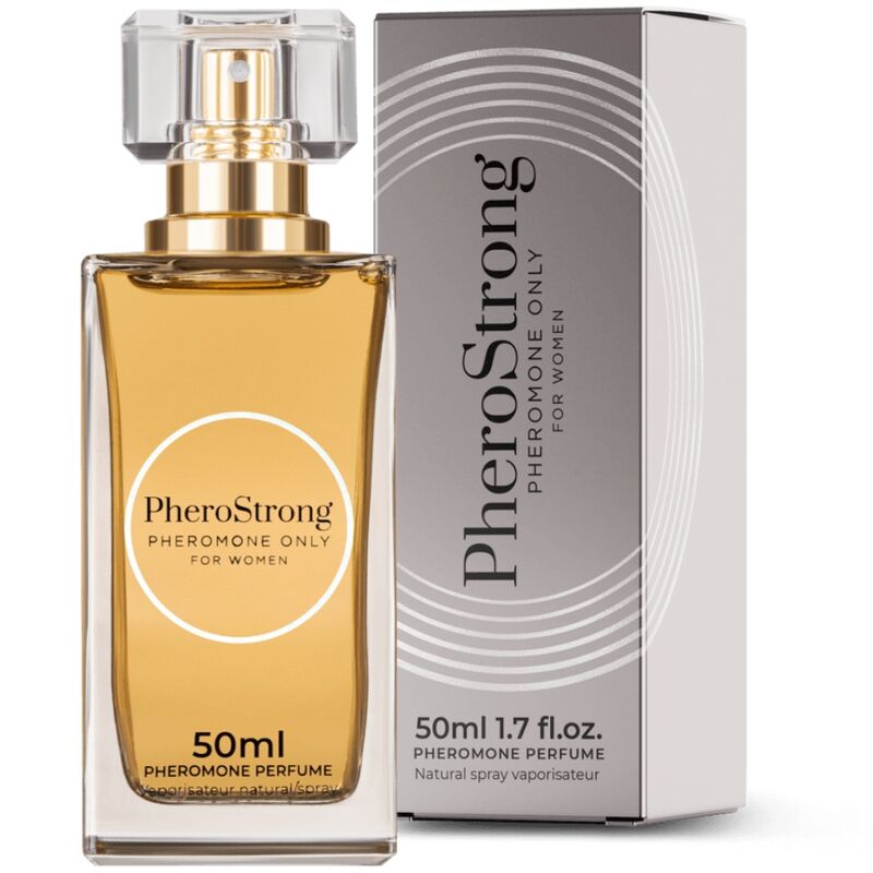 Perfume PHEROSTRONG con feromonas para mujer, frasco de 50 ml, con diseño elegante y botella transparente.