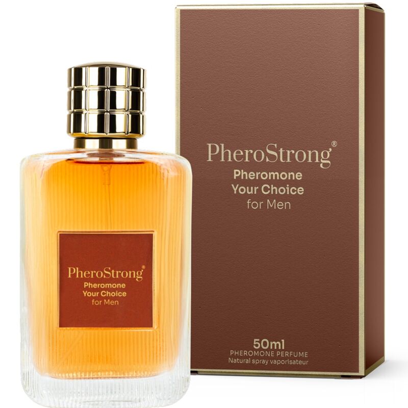 Perfume PHEROSTRONG con feromonas para hombre, frasco de 50 ml, botella elegante y moderna en la imagen.