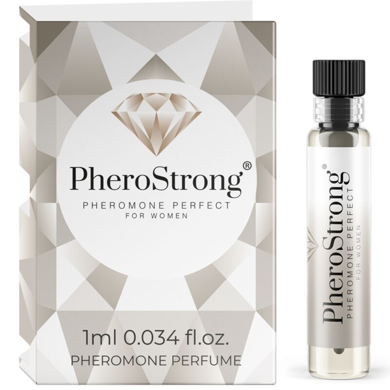 Perfume de feromonas para mujer PHEROSTRONG, frasco de 1 ml con botella y gotero, aroma seductor y elegante.