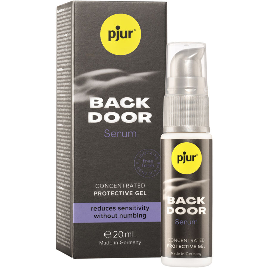Suero protector anal PJUR Back Door en botella de 20 ml, diseño compacto y práctico para cuidado anal.