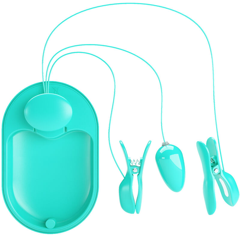 Pinzas de electroestimulación azul de PRETTY LOVE FLIRTATION en caja sorpresa, para placer y estimulación íntima.