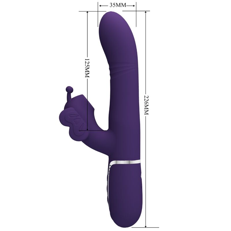 Vibrador rabbit multifunción 4 en 1 de Pretty Love Flirtation, diseño de mariposa morada, con textura y controles.
