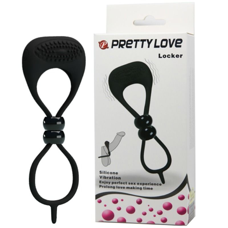 Anillo doble para pene y testículos de la marca PRETTY LOVE MALE, en color negro, diseñado para estimulación y restricción.