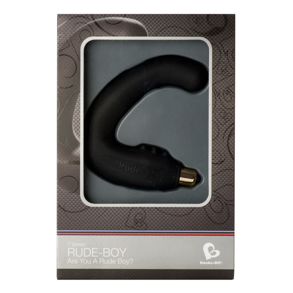 Rocks-Off Rude-Boy G-spot massager for men, sleek black design with ergonomic shape for targeted stimulation.