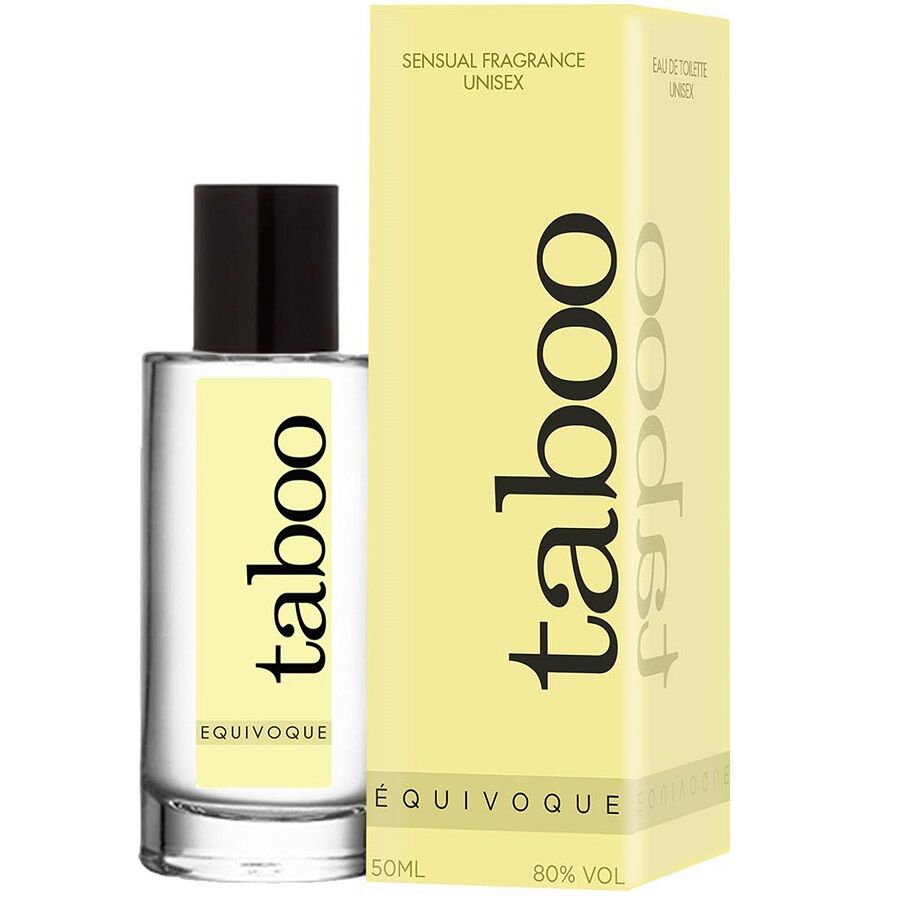 Perfume RUF Taboo Equivoque con feromonas para él y ella, frasco elegante y diseño distintivo.