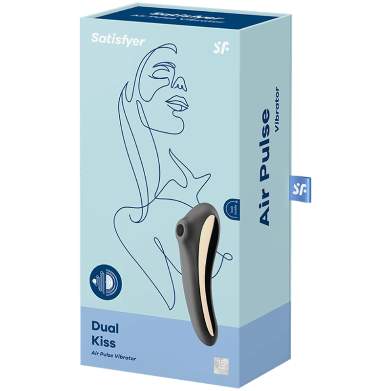 Estimulador de clítoris SATISFYER DUAL KISS negro con tecnología Air Pulse, diseñado para placer y estímulo intenso.