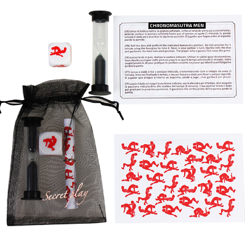 Kit de juego gay SECRETPLAY CHRONOMASUTRA, incluye accesorios y instrucciones para experiencias íntimas y sensuales