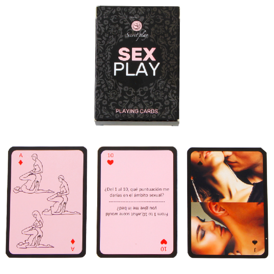Juego de cartas SEX PLAY de SECRETPLAY, con ilustraciones y texto, diseñado para juegos eróticos y de pareja.