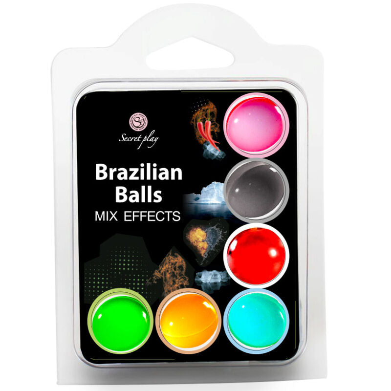 Set de 6 bolas brasileñas SECRETPLAY COSMETIC con efectos variados, visibles en la imagen, para uso íntimo y sensorial.