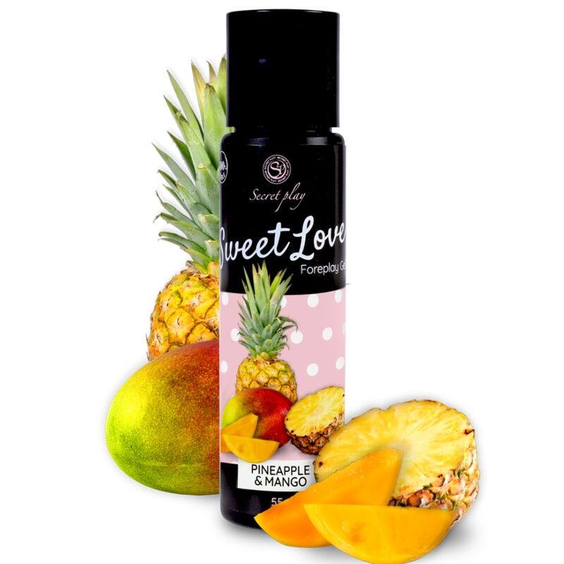 SECRETPLAY Mango & Pineapple Gel Sweet Love 60 ml in a clear bottle with a tropical fruit design.