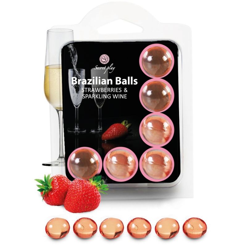 Set de 6 bolas brasileñas SECRETPLAY con fresas y cava, ideales para ejercicios de Kegel y fortalecimiento del suelo pélvico.