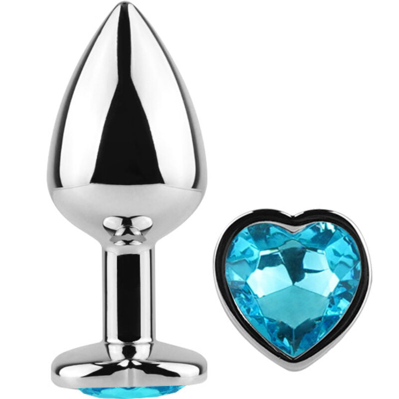 Blue heart-shaped metal butt plug by Secretplay, size small, measuring 7 cm, showcasing smooth, shiny surface.