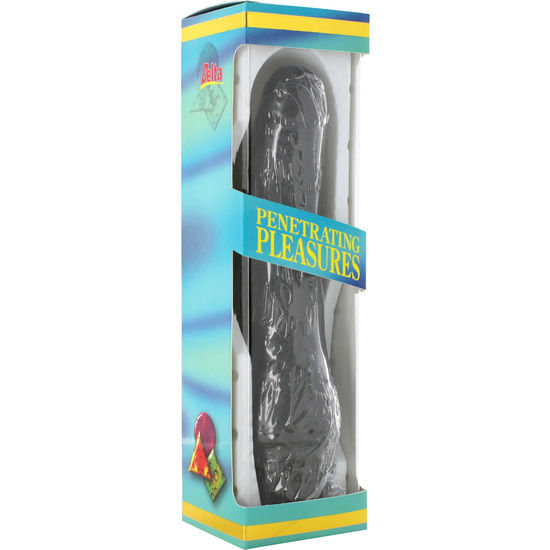 Vibrador de vinil negro en forma de pene, marca Seven Creations, de 20 cm de longitud, presentado en la imagen.