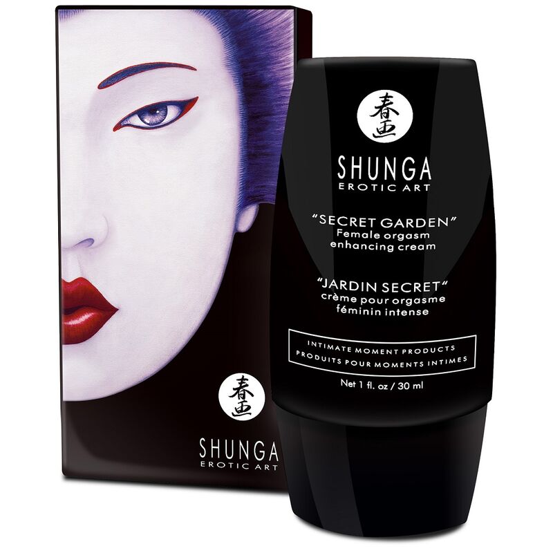 SHUNGA Crema Orgasmo Femenino Intenso Jardin Secreto in a decorative jar with floral design.