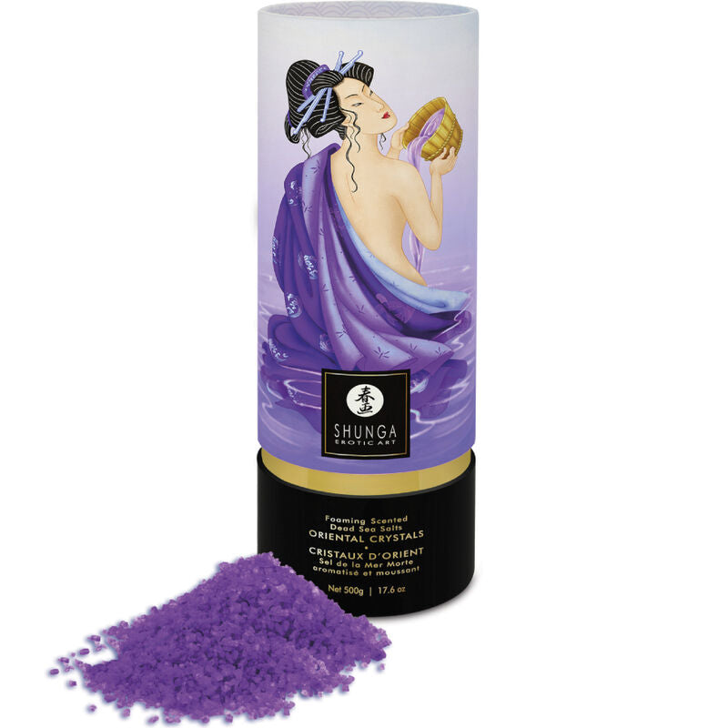 Shunga Bath Experience exotic fruit bath salts in a colorful container with tropical fruit illustrations for relaxing bath time.