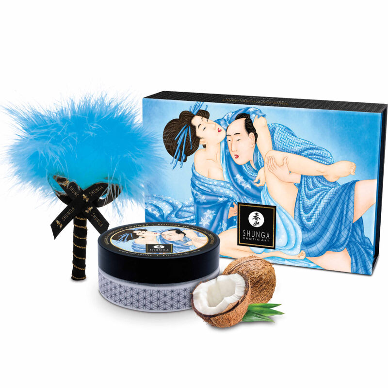 Kit de polvos de masaje comestible de coco de la marca SHUNGA BODY POWER, con envase y textura visible en la imagen.