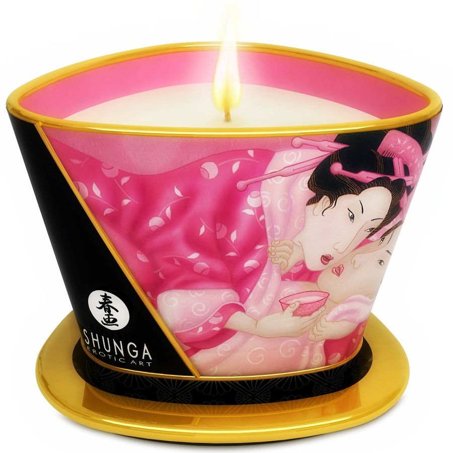 SHUNGA Mini Caress by Candlelight massage candle with rose scent, 170 ml, featuring a warm glow and elegant design.