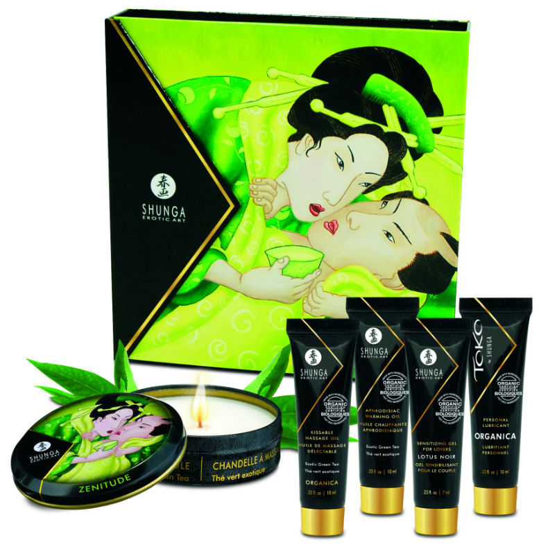 Kit de té verde orgánico Shunga Geisha, incluye tazas y accesorios en estilo japonés tradicional.