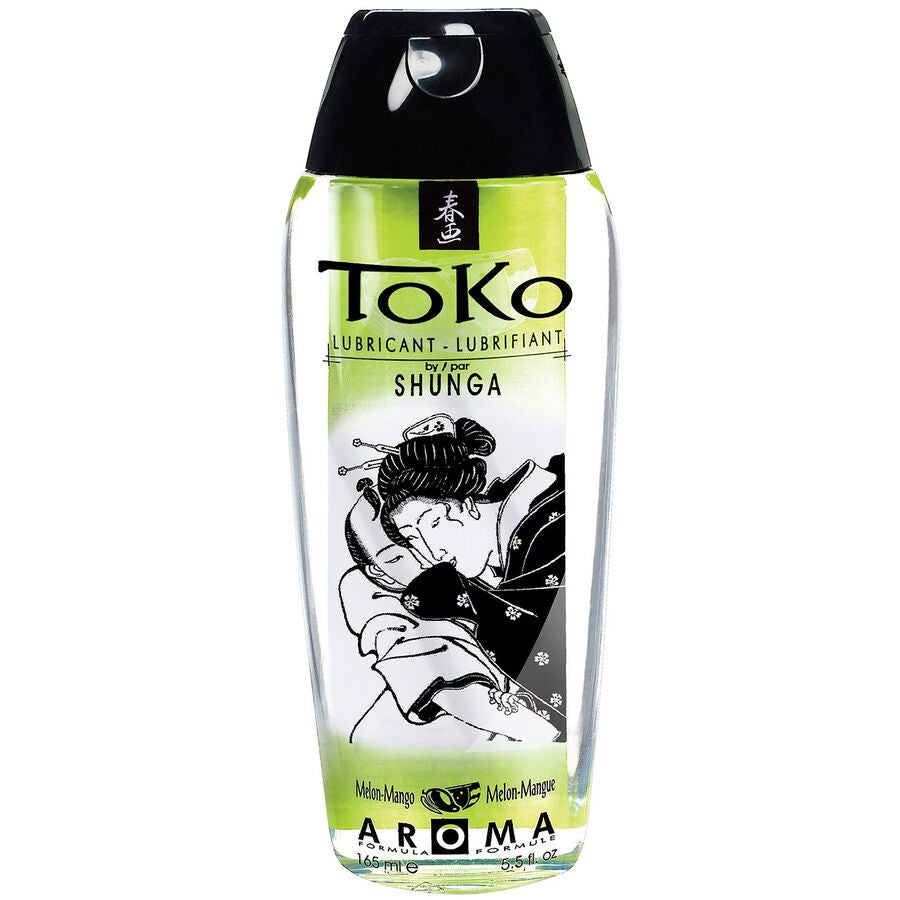 SHUNGA Toko Aroma Lubricant in Melon and Mango flavor, showcasing a vibrant bottle with fruit illustrations.