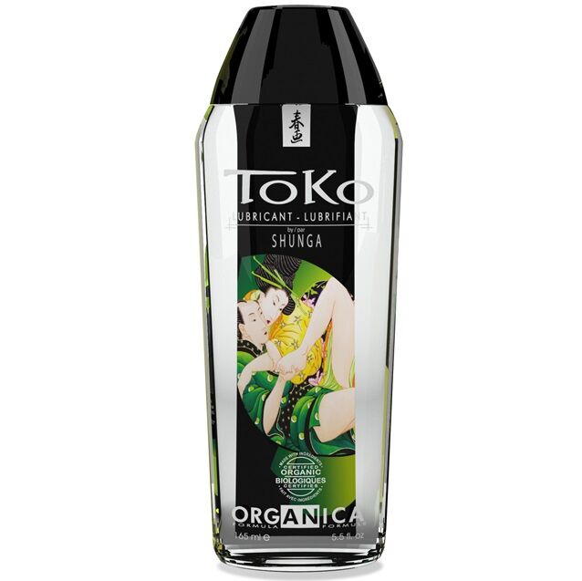 Lubricante natural orgánico de la marca Shunga Toko orgánica en botella con etiqueta blanca y detalles en color verde.