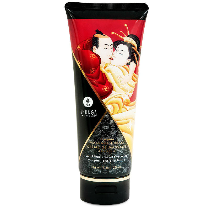 Shunga Massage Cream with strawberries and cava in a 200ml jar, featuring a smooth, creamy texture for relaxing massage use.