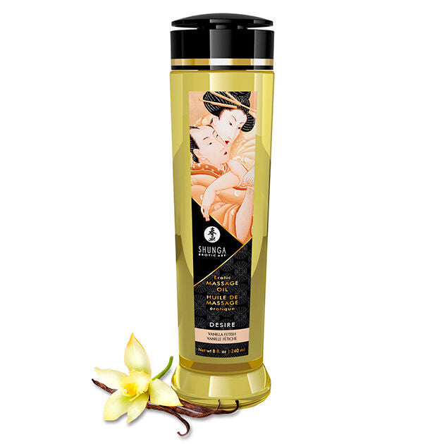 Aceite de masaje erótico de deseo Shunga Oils, en botella de 240 ml, con diseño elegante y frasco transparente.