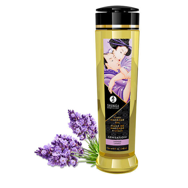 Aceite de masaje erótico Shunga Oils de 240 ml, botella con líquido transparente y etiqueta en la parte frontal.
