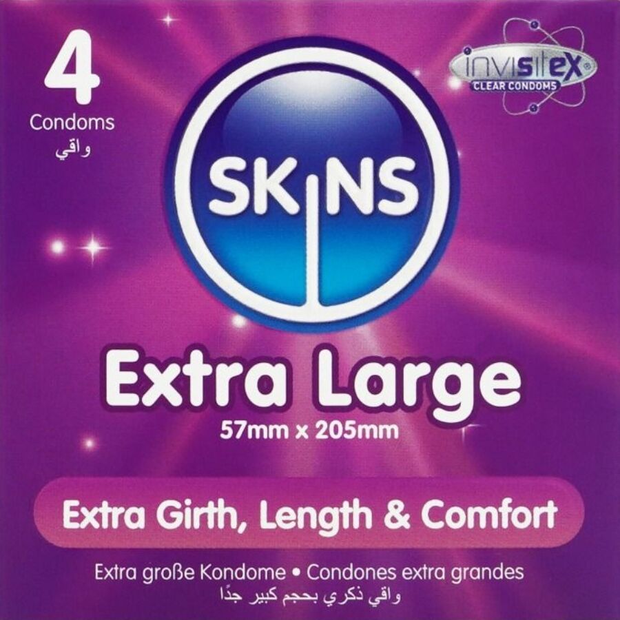 Preservativos premium SKINS tamaño XL en paquete de 4, con envase y protección para uso seguro y cómodo.