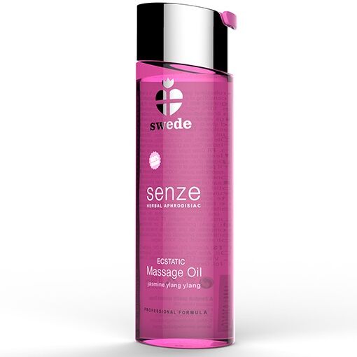 Aceite de masaje herbal afrodisíaco Swede Ecstatic de 75 ml, botella con aceite transparente y etiqueta colorida.