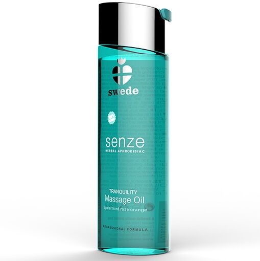 Aceite de masaje herbal SWEDE Tranquility, 75 ml, con propiedades afrodisíacas y relajantes, botella con líquido transparente y aroma herbal.