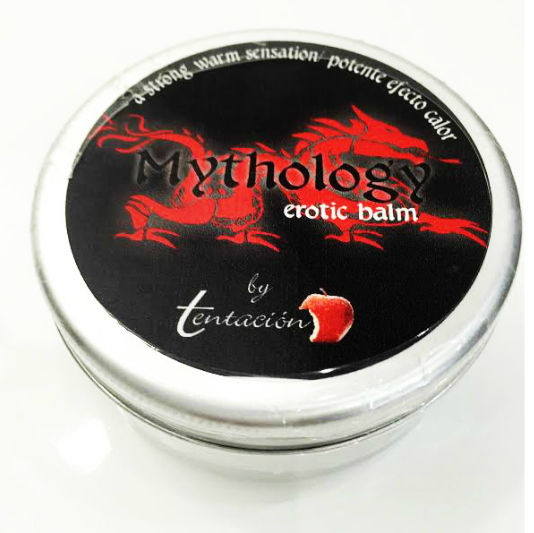 Bálsamo erótico TENTACION Mythology para hombre, con efecto calor, en frasco dilatador, visible en la imagen.