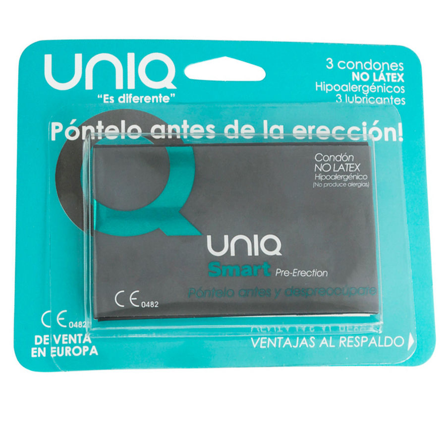 Preservativos UNIQ sin látex para pre-erección, paquete de 3 unidades, con empaque y tamaño visible en la imagen