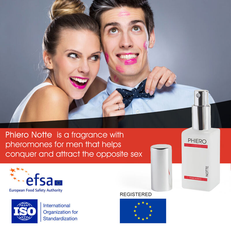 Perfume masculino 500 Cosmetics Phiero Notte con feromonas, frasco elegante y moderno para hombre.