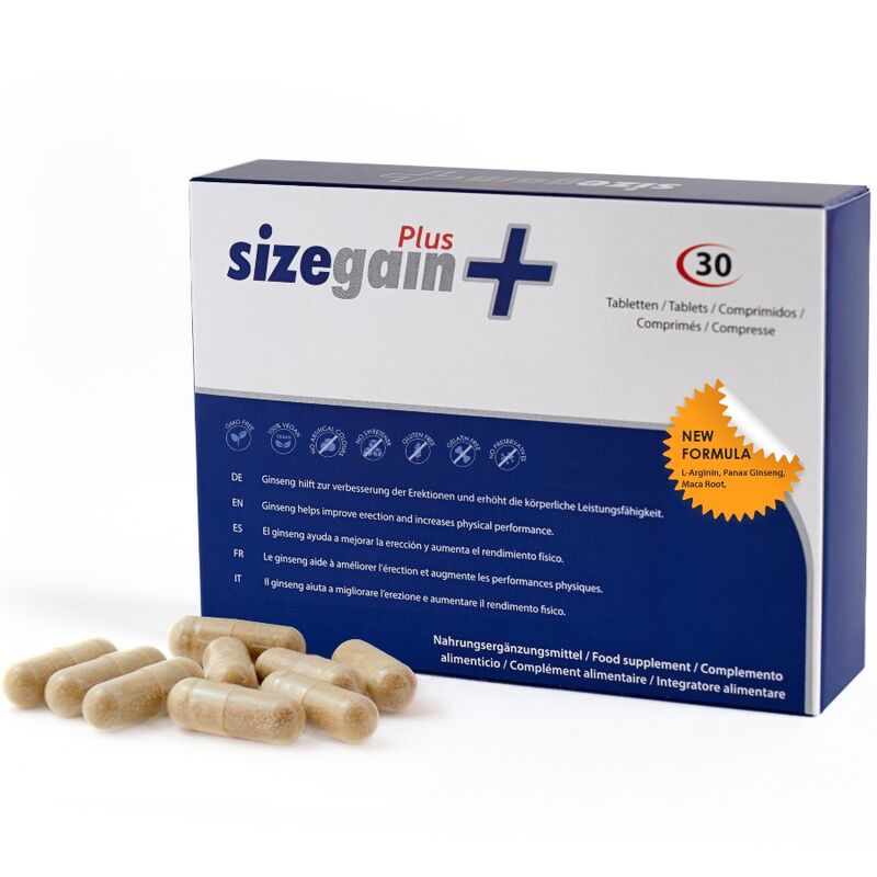 Complemento alimenticio SizeGain Plus de 500COSMETICS para aumentar el tamaño del pene y mejorar la potencia sexual.