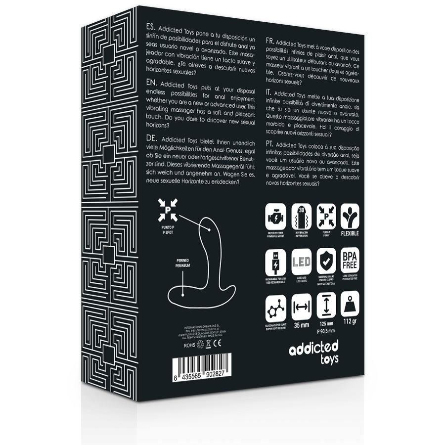 Masajeador anal negro de la marca ADDICTED TOYS con vibración, diseñado para placer y exploración personal.