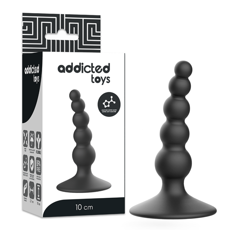 Plug anal negro de 10 cm de la marca ADDICTED TOYS, diseñado para placer y comodidad en juegos sexuales anal.