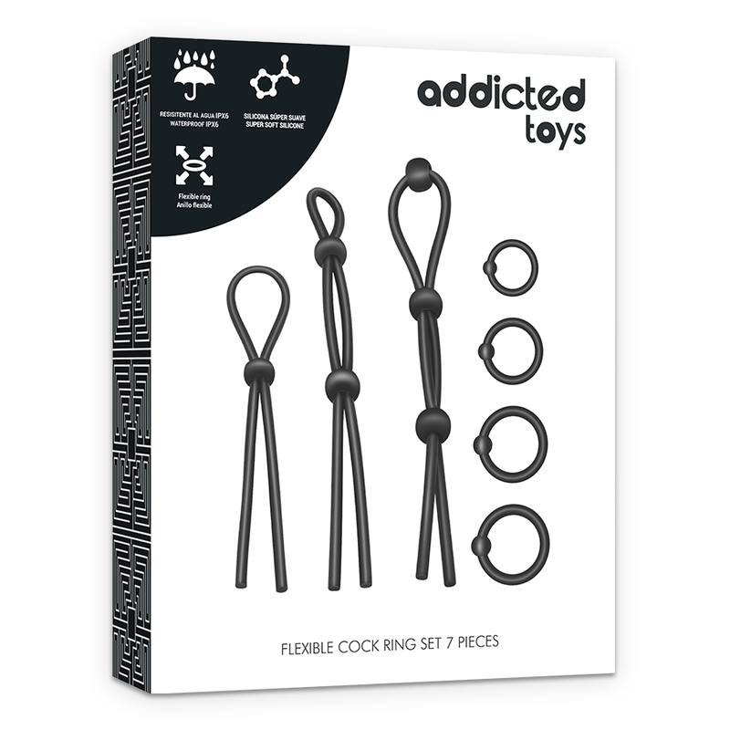 Kit de 7 anillas de silicona flexible de ADDICTED TOYS, ideal para entrenamiento y desarrollo de fuerza y resistencia.