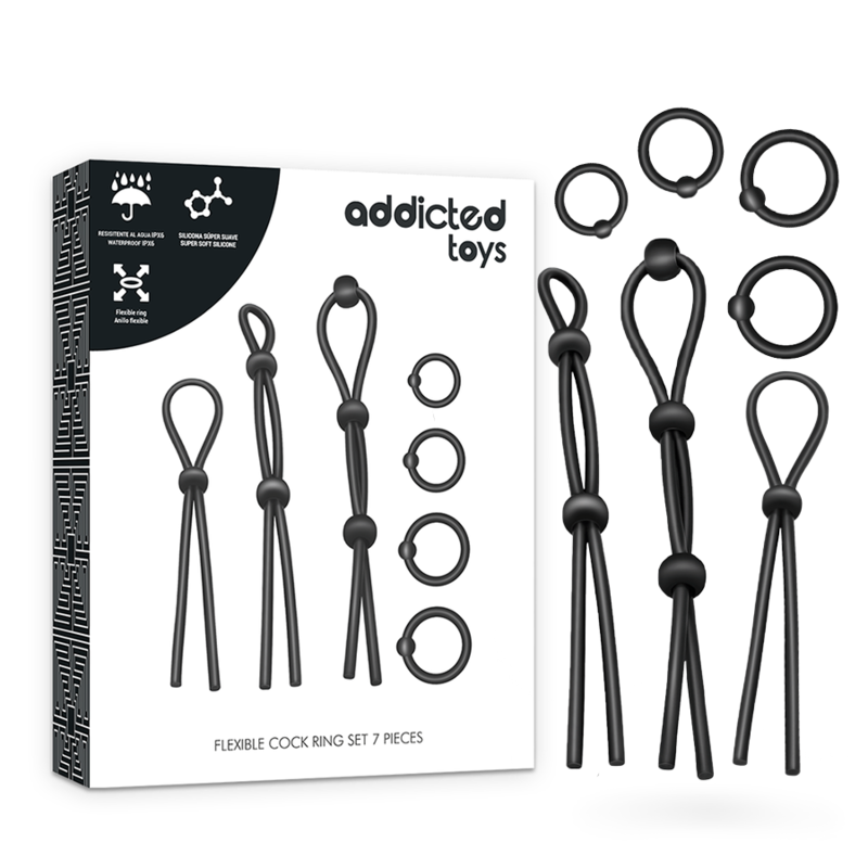 Conjunto de 7 anillas de silicona flexible de la marca ADDICTED TOYS, con anillas de diferentes tamaños para juegos sensuales.