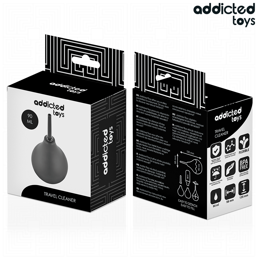 Limpador anal de viaje ADDICTED TOYS, tamaño S, 90 ml, con botella portátil y etiqueta en la imagen.
