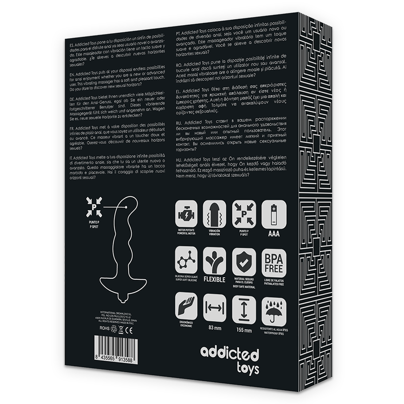 Masajeador anal con vibración negro de la marca ADDICTED TOYS, modelo 2, diseñado para placer y estimulación anal.