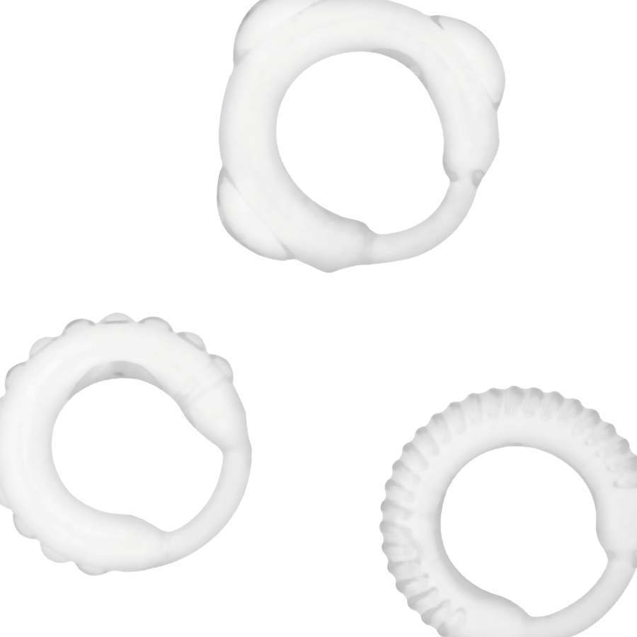 Set de 3 anillos pene transparentes de la marca ADDICTED TOYS, accesorios de placer sexual, en diferentes tamaños.