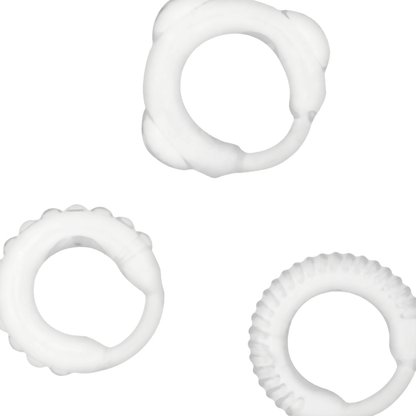 Set de 3 anillos pene transparentes de la marca ADDICTED TOYS, accesorios de placer sexual, en diferentes tamaños.