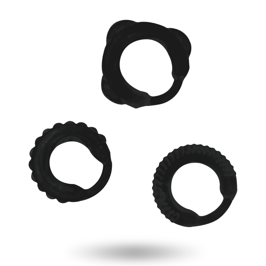 Set de 3 anillos pene negros de la marca ADDICTED TOYS, accesorios de placer para adultos, con diseño en silicona y tamaño variado.