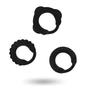 Set de 3 anillos pene negros de la marca ADDICTED TOYS, accesorios de placer para adultos, con diseño en silicona y tamaño variado.