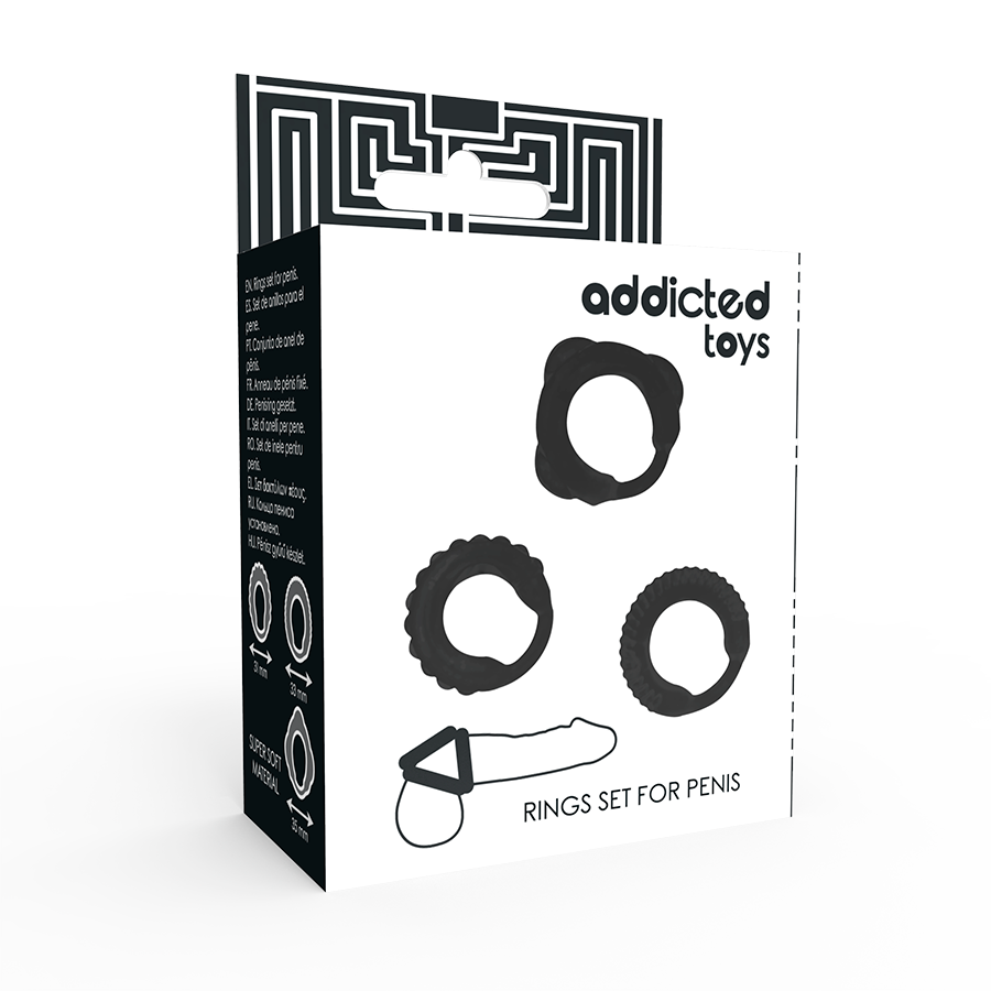 Conjunto de 3 anillos pene negros de la marca ADDICTED TOYS, con diseño ergonómico y material suave.