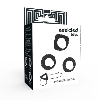 Conjunto de 3 anillos pene negros de la marca ADDICTED TOYS, con diseño ergonómico y material suave.